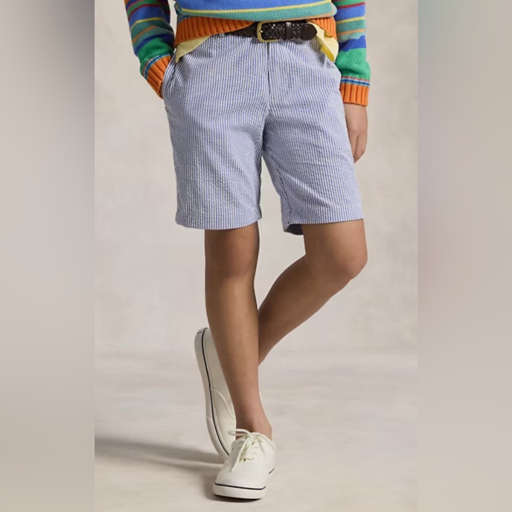Polo Ralph Lauren Stretch Blue & White Cotton Seersucker Short | Size 16 | NWT